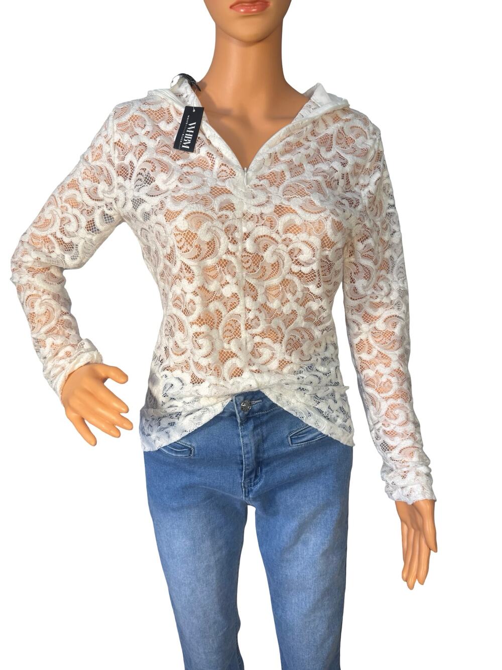 NWT White House Black Market White Floral Blause Sheer Long Sleeves Small